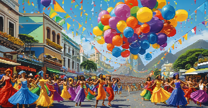A lively carnival scene in Rio de Janeiro with dancers in colorful costumes and musicians, set against the backdrop of Sugarloaf Mountain.