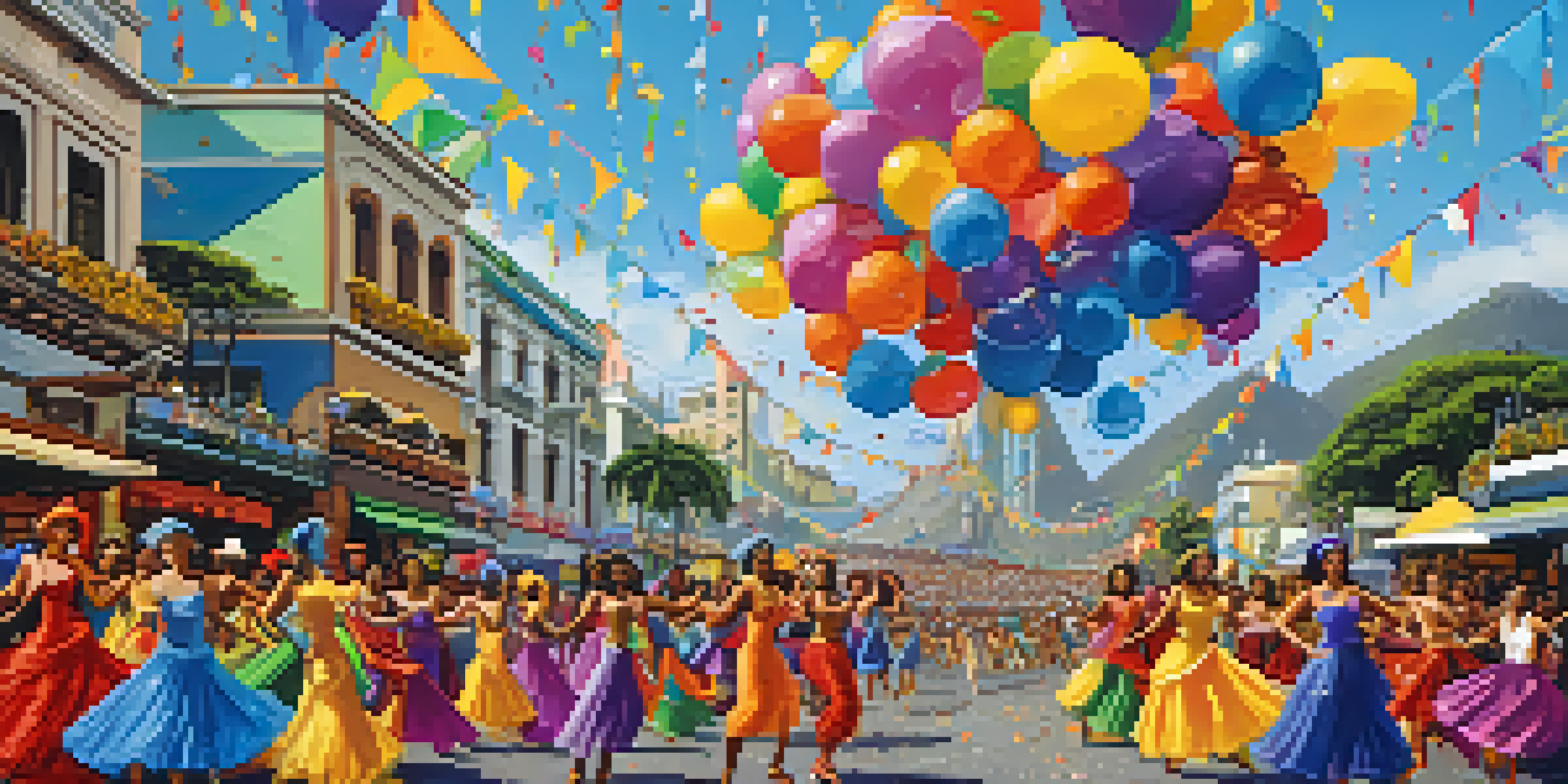 A lively carnival scene in Rio de Janeiro with dancers in colorful costumes and musicians, set against the backdrop of Sugarloaf Mountain.