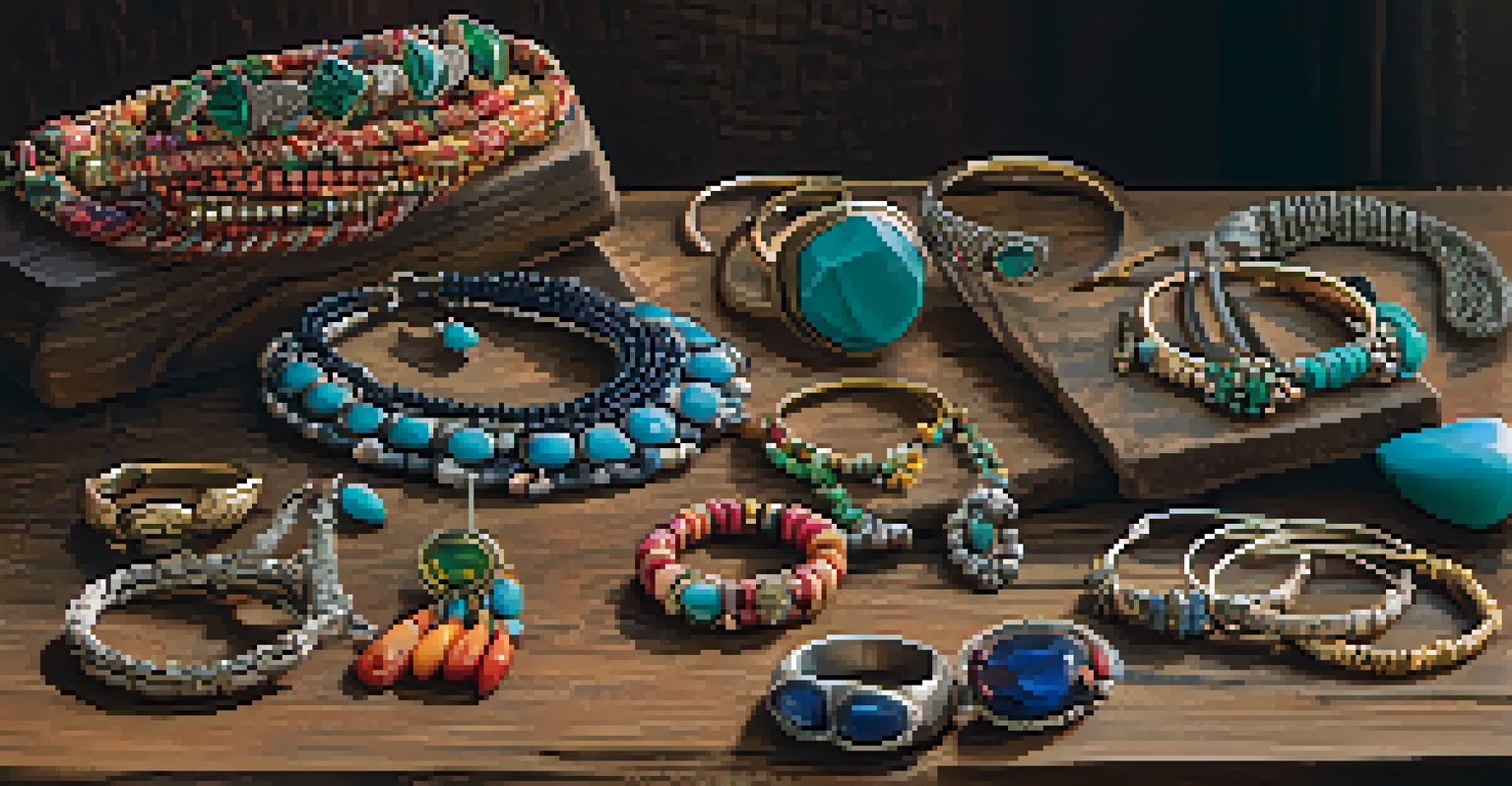 An artistic arrangement of various Brazilian jewelry pieces on a wooden table, illuminated by natural sunlight.