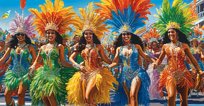 A lively Carnival parade in Brazil with dancers in colorful costumes and festive decorations under a bright sky.