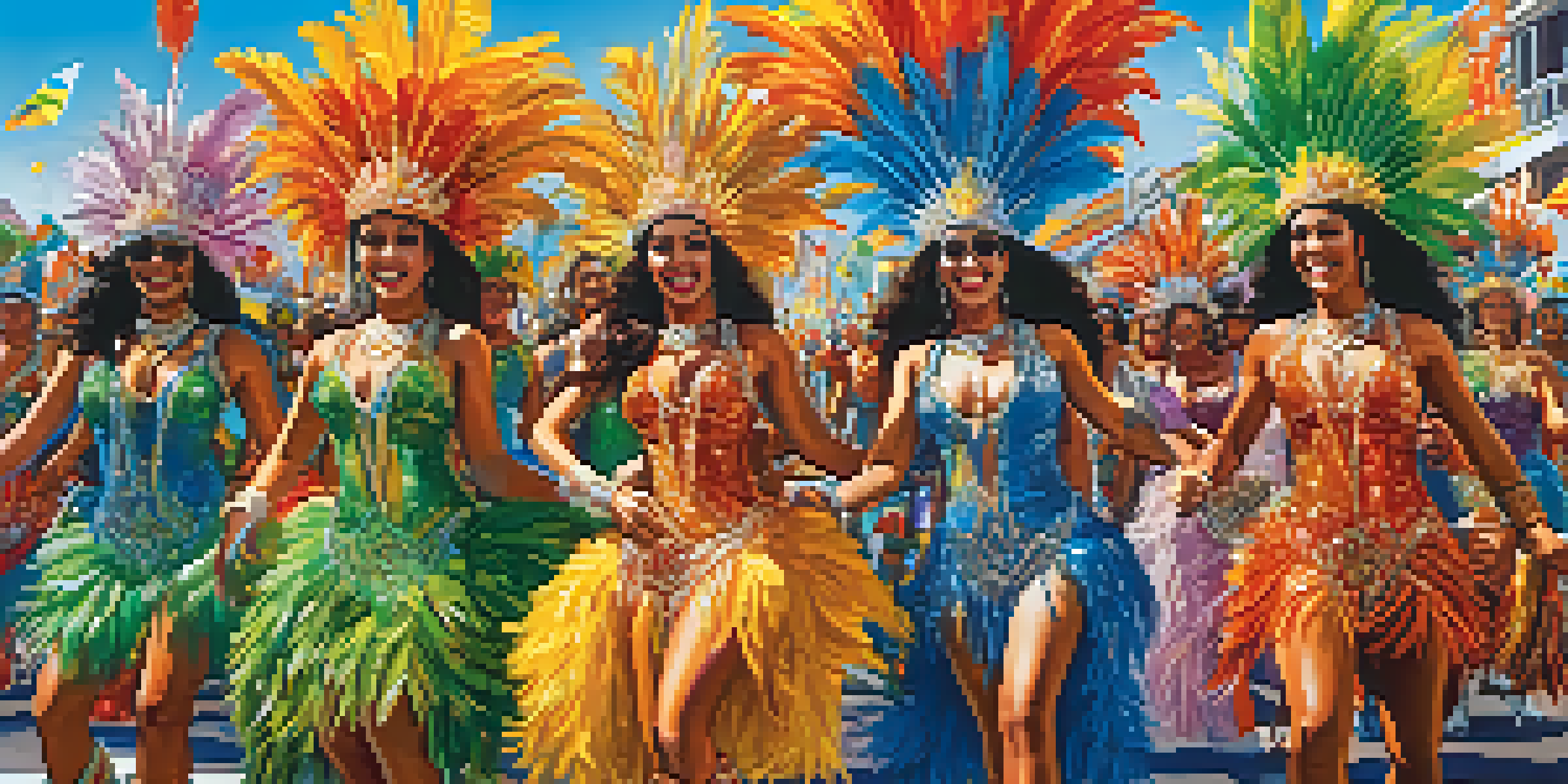A lively Carnival parade in Brazil with dancers in colorful costumes and festive decorations under a bright sky.