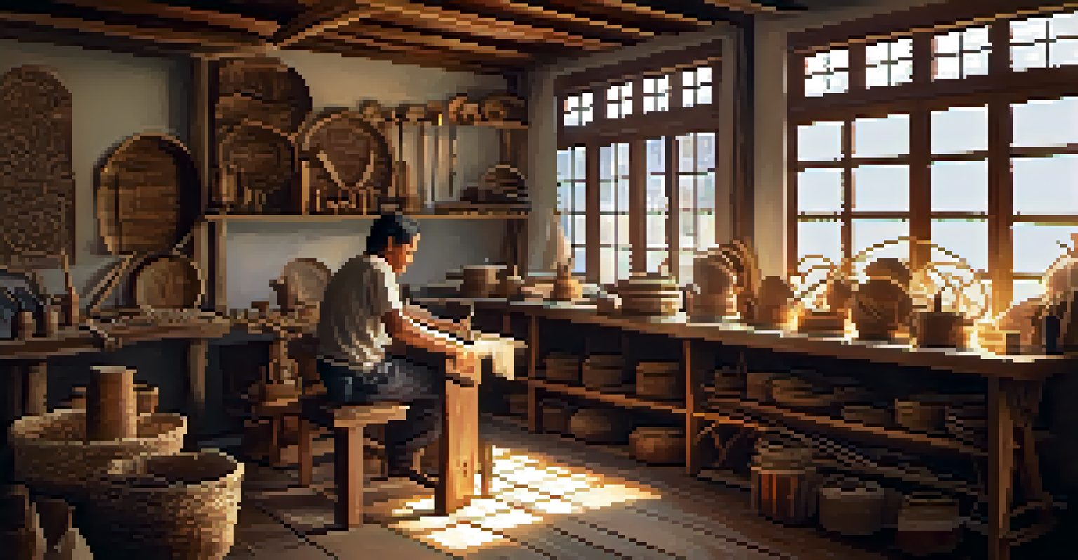An artisan workshop in Brazil with a craftsman creating traditional handicrafts, filled with tools and materials.