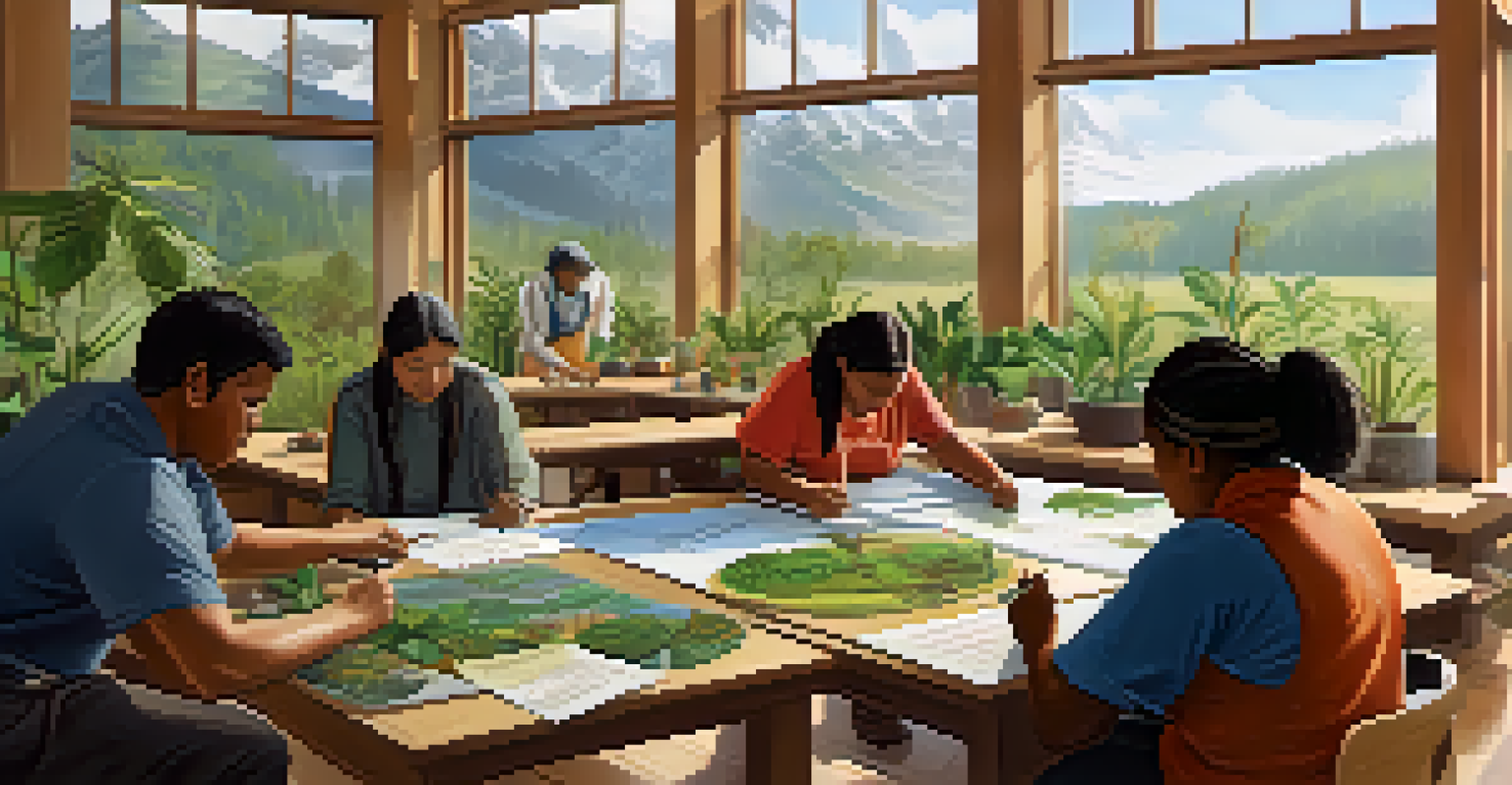 A community workshop showing Indigenous and non-Indigenous people collaborating on conservation strategies in a bright, plant-filled space.