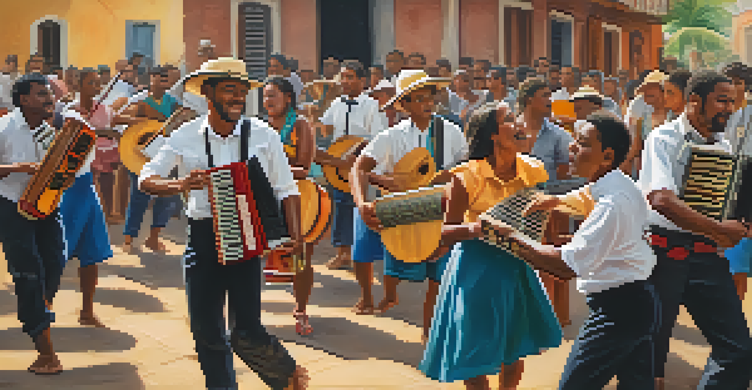 Musicians playing accordion, zabumba, and triangle at a Forró event, with dancers in the background.
