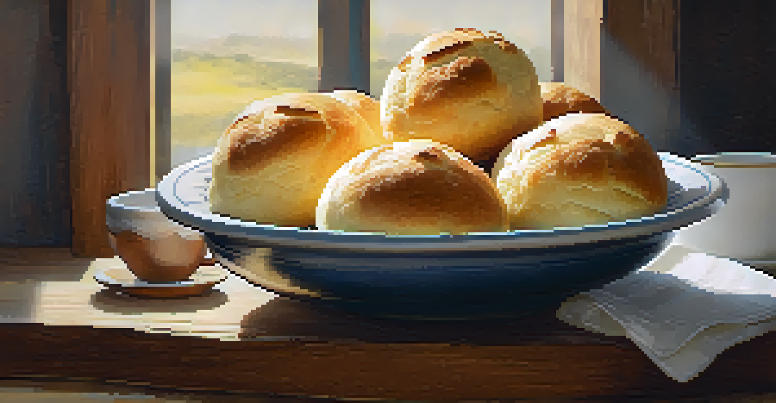 Freshly baked pão de queijo cheese bread on a wooden platter alongside a cup of Brazilian coffee, set in a cozy, warmly lit environment.