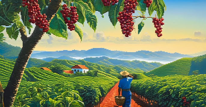 A farmer picking ripe coffee cherries in a lush green coffee plantation in Brazil, with rolling hills and wildflowers in the background.