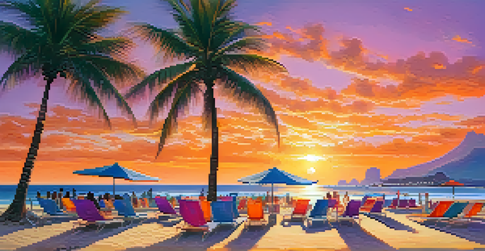 A sunset view of Copacabana beach with golden sands, colorful sky, and beachgoers, showcasing luxury beach amenities.