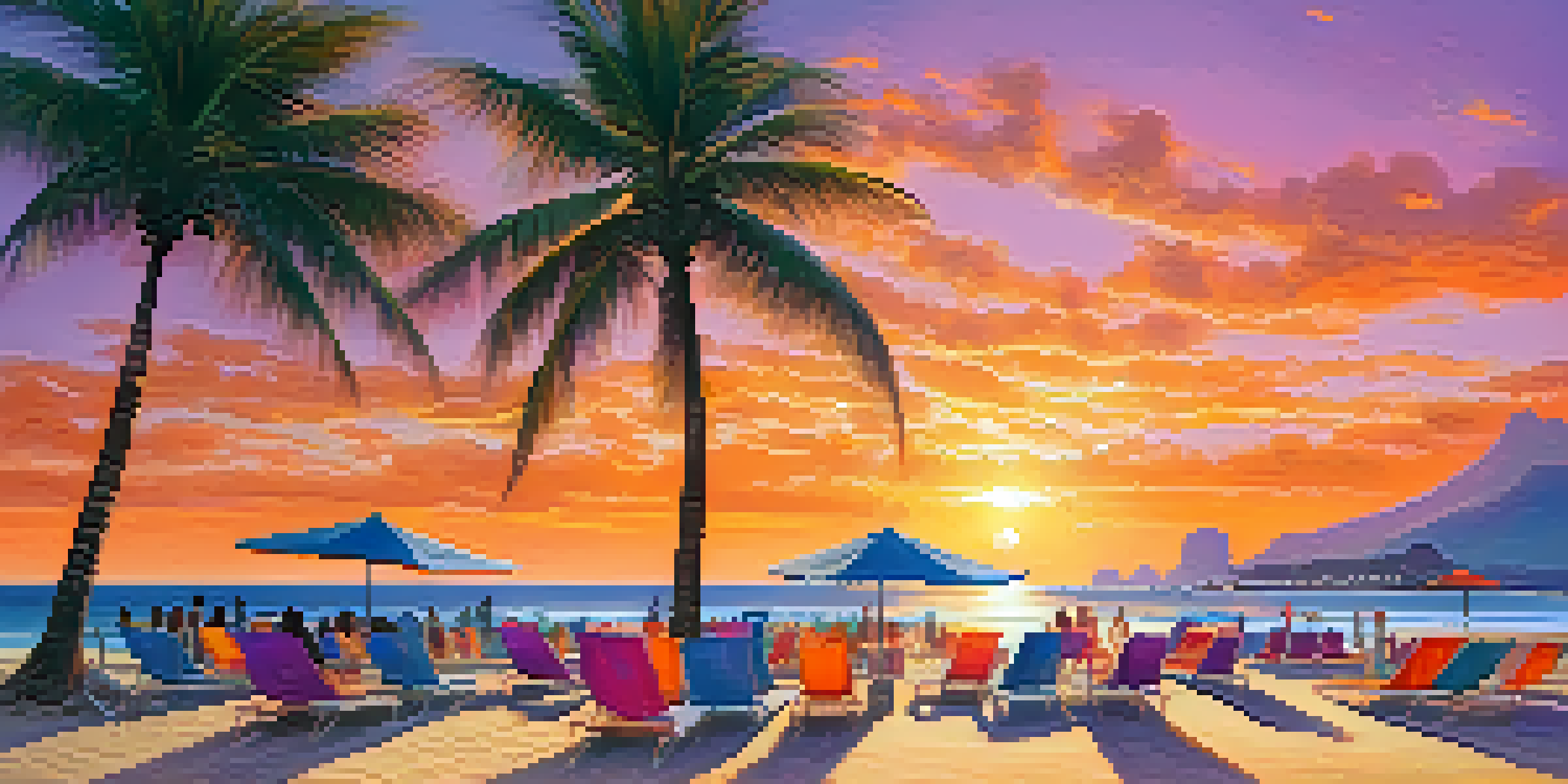 A sunset view of Copacabana beach with golden sands, colorful sky, and beachgoers, showcasing luxury beach amenities.