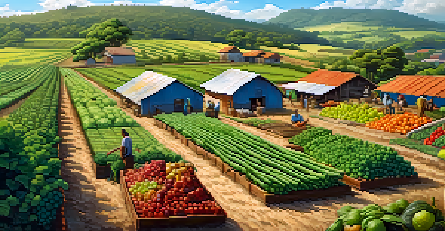 An organic farm in Brazil with colorful crops and farmers practicing sustainable agriculture.