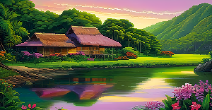 A picturesque Brazilian landscape at sunset, showcasing rolling hills, a river, and a traditional wooden house surrounded by tropical flowers.