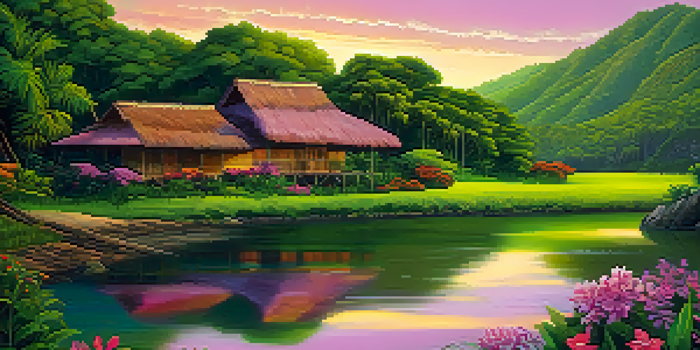 A picturesque Brazilian landscape at sunset, showcasing rolling hills, a river, and a traditional wooden house surrounded by tropical flowers.
