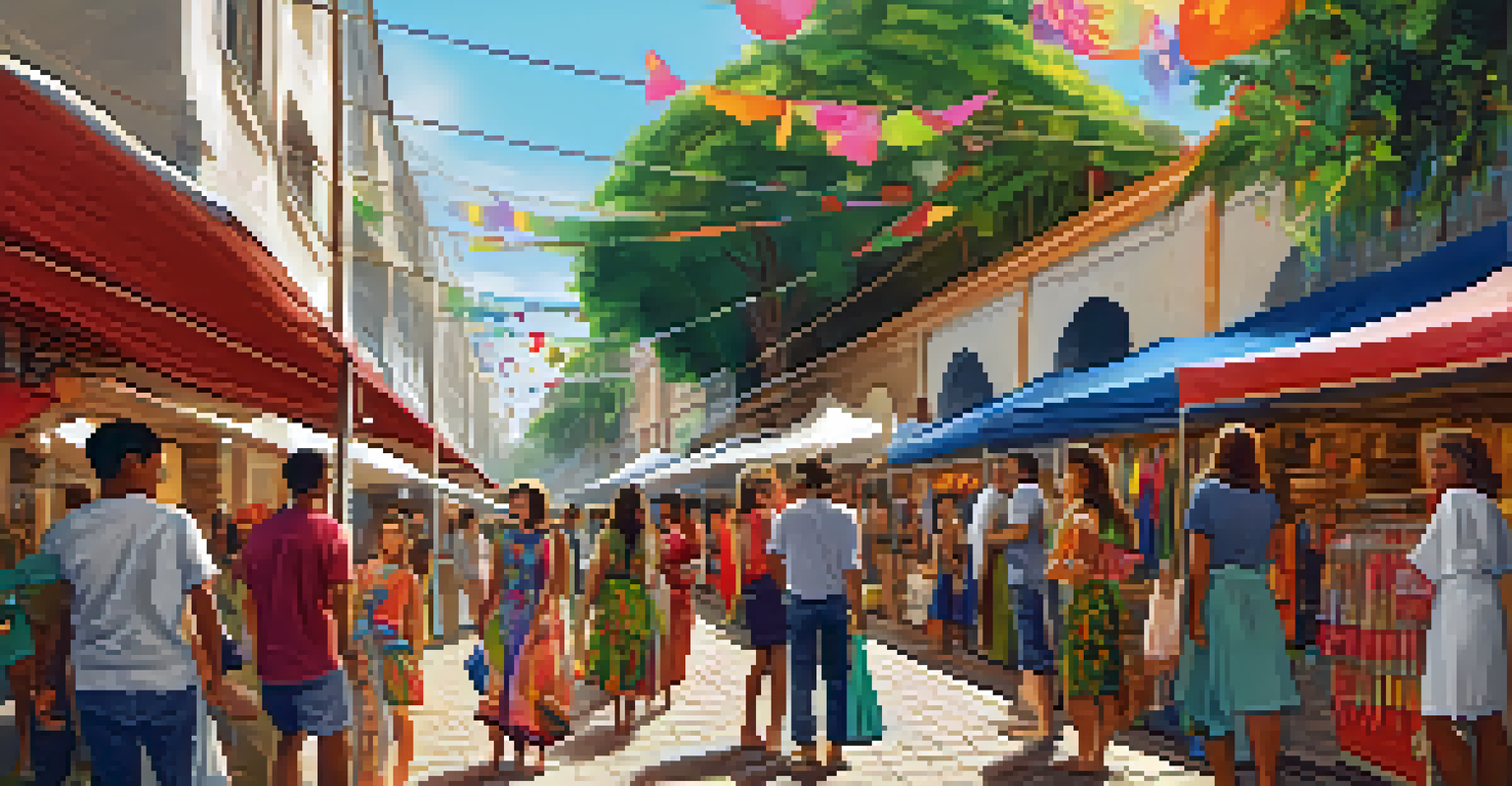 A lively Brazilian street market featuring local designers showcasing sustainable fashion collections, with colorful stalls and engaged shoppers.