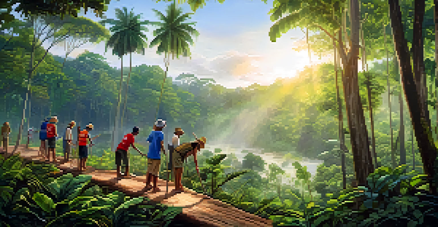 Volunteers and locals working together to plant trees in the Amazon rainforest, surrounded by lush greenery and wildlife.