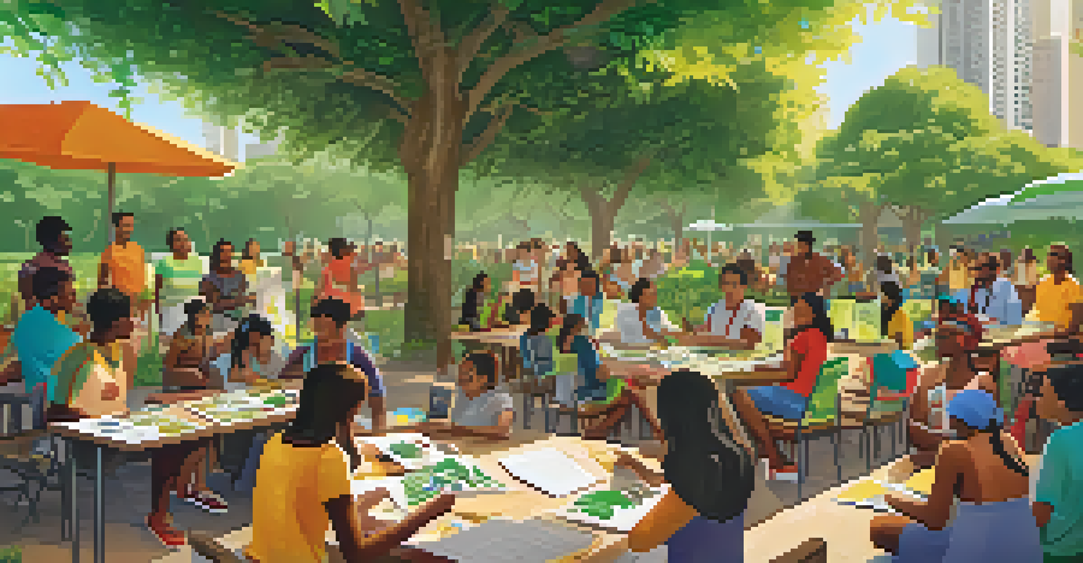 A community workshop in a Rio de Janeiro urban park focused on sustainability, featuring diverse participants learning about recycling and biodiversity amidst a lush green setting.