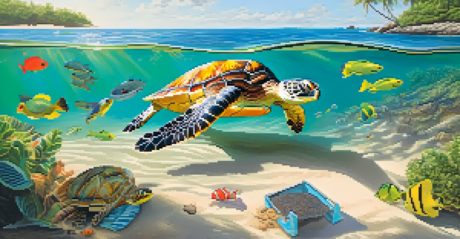 A beach scene showing a nesting sea turtle and colorful fish, with beachgoers observing responsibly, under a bright sun and lush background.