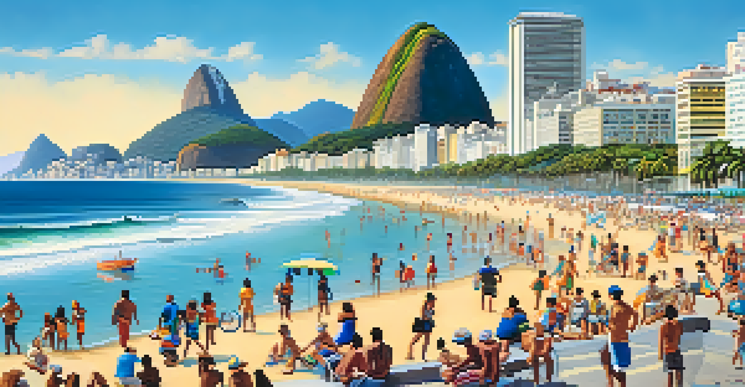 Families cycling along the Copacabana Beach boardwalk in Rio de Janeiro, with street performers and vibrant beach life in the background.