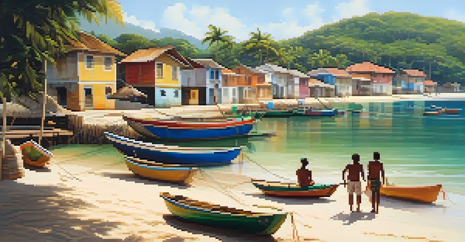 A vibrant fishing village in Brazil, featuring colorful boats, friendly locals, and charming houses under warm afternoon light.