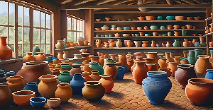 A lively pottery workshop in Brazil with artisans creating colorful clay pots in a sunlit space, showcasing various pottery styles and tools.