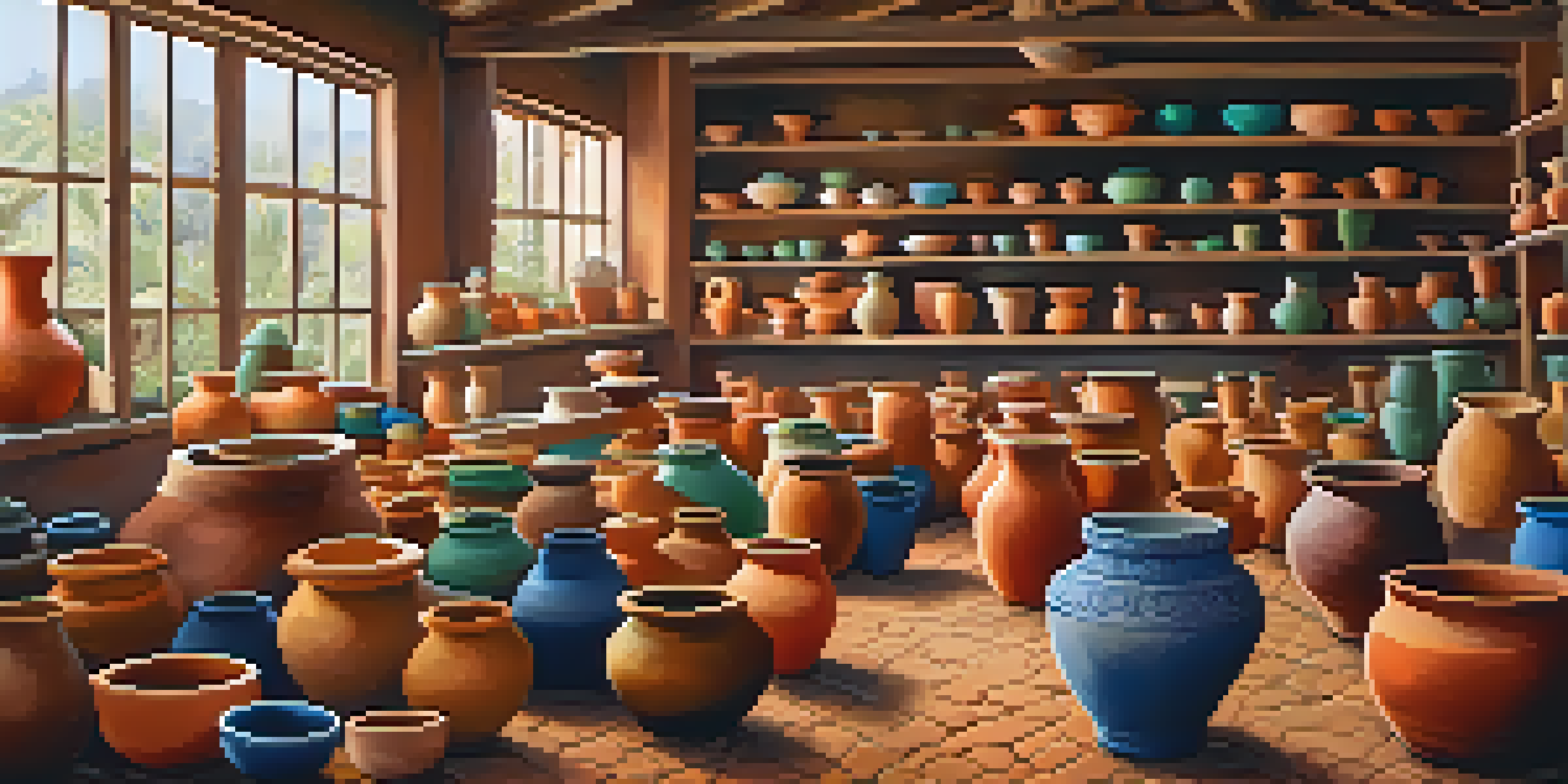 A lively pottery workshop in Brazil with artisans creating colorful clay pots in a sunlit space, showcasing various pottery styles and tools.