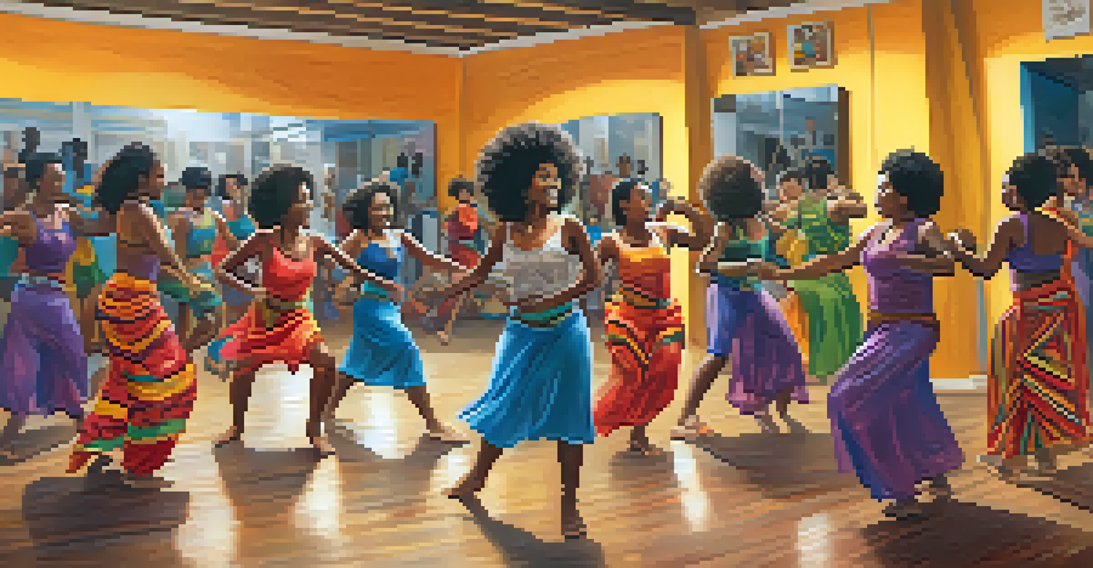 A diverse group of participants in a dance workshop learning samba and axé, surrounded by colorful decorations and instruments.
