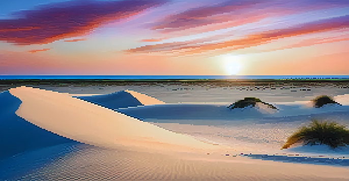 A stunning sunset view over Lençóis Maranhenses National Park with white sand dunes and blue lagoons, featuring tourists walking on the dunes.