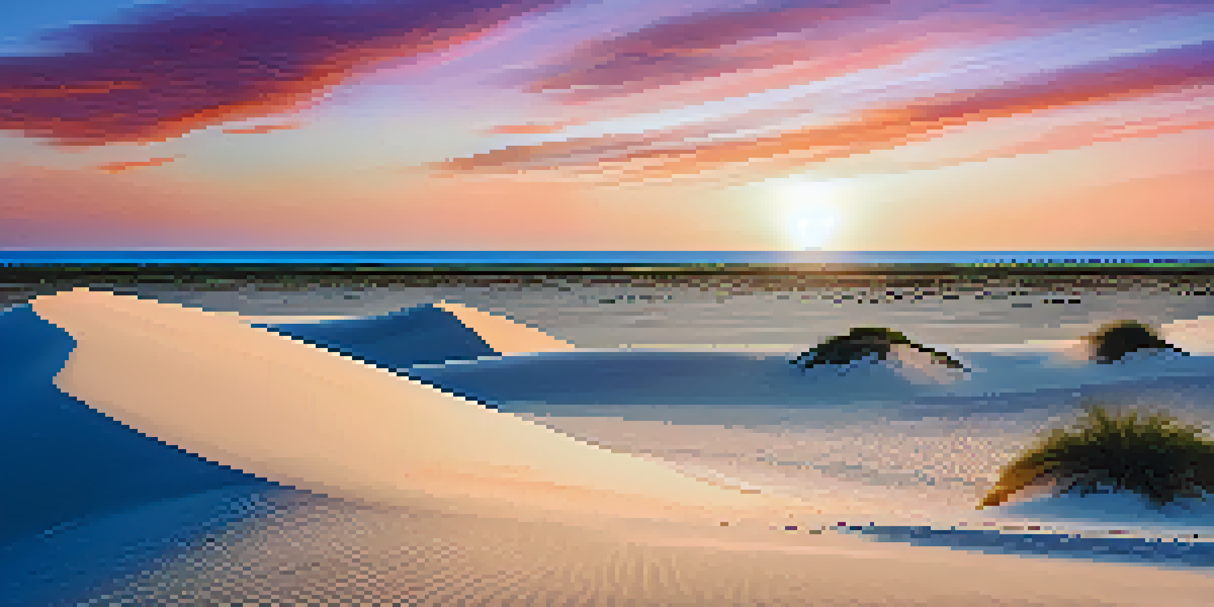 A stunning sunset view over Lençóis Maranhenses National Park with white sand dunes and blue lagoons, featuring tourists walking on the dunes.