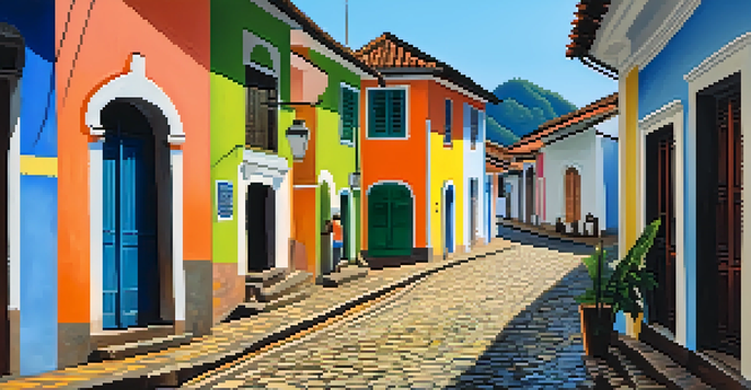 A scenic view of Paraty's cobblestone streets with colorful colonial buildings bathed in morning sunlight.