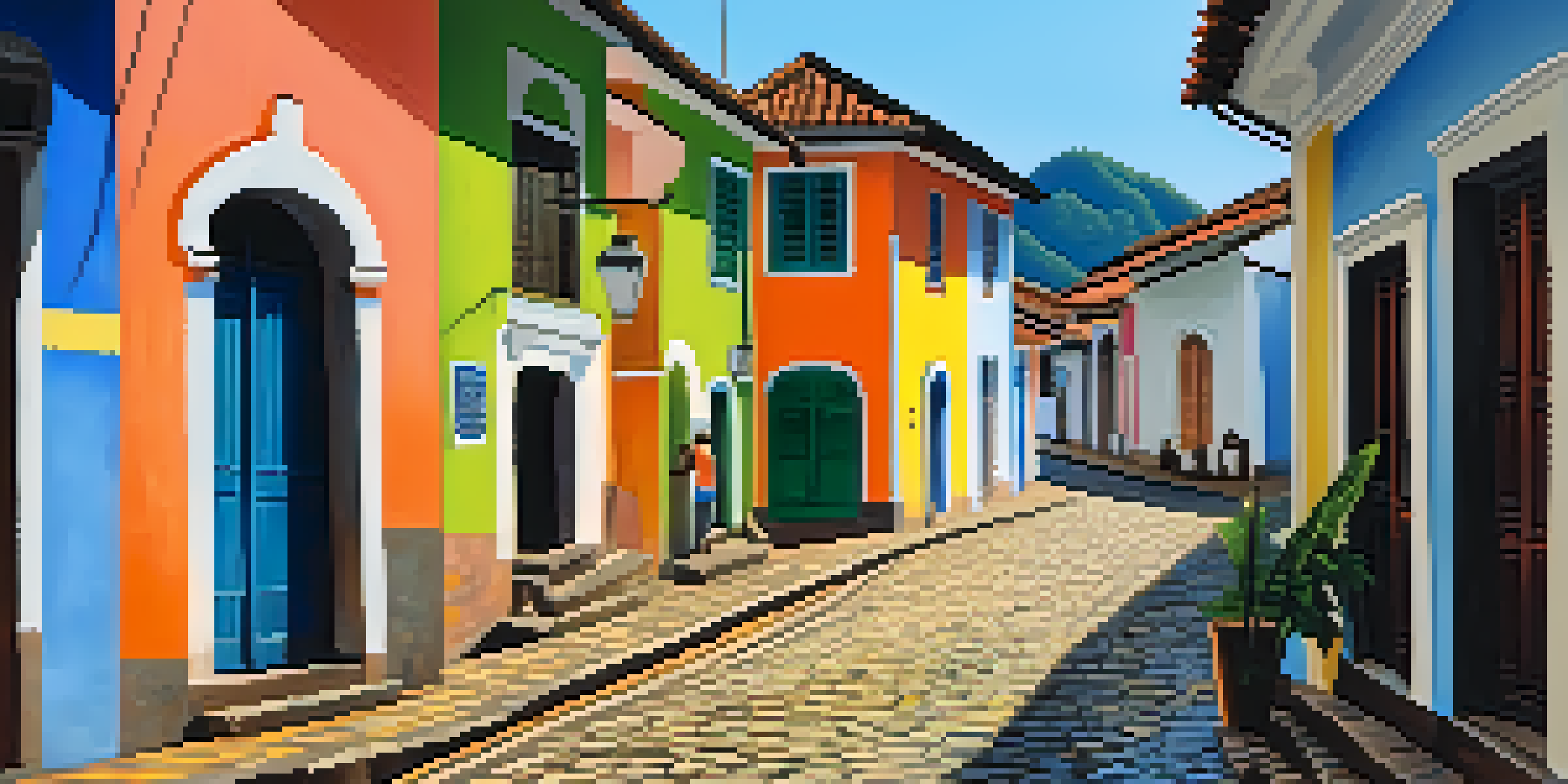 A scenic view of Paraty's cobblestone streets with colorful colonial buildings bathed in morning sunlight.