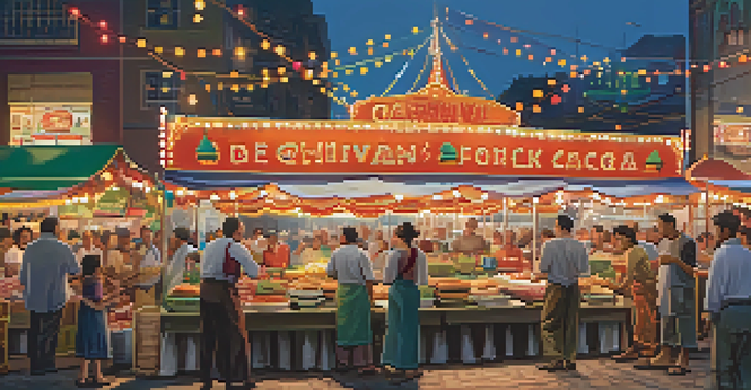 A lively food market at a carnival with vendors serving local delicacies and families enjoying the festive atmosphere.