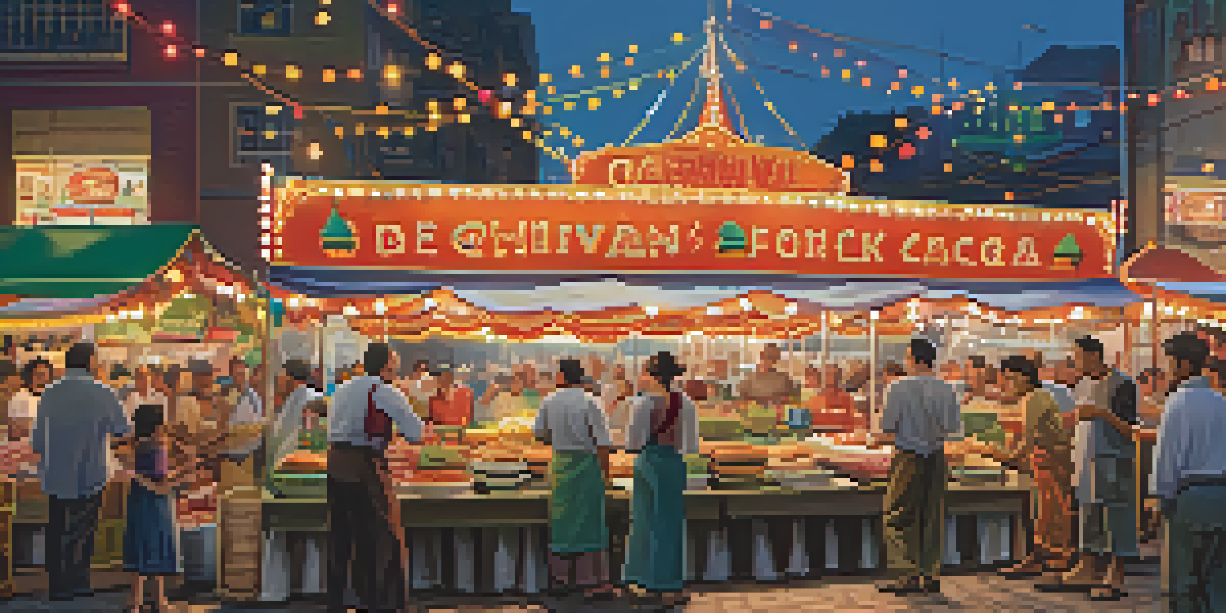 A lively food market at a carnival with vendors serving local delicacies and families enjoying the festive atmosphere.