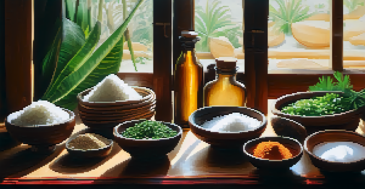 A wooden kitchen counter displaying traditional Bahian cooking ingredients like dendê oil, coconut, and spices.