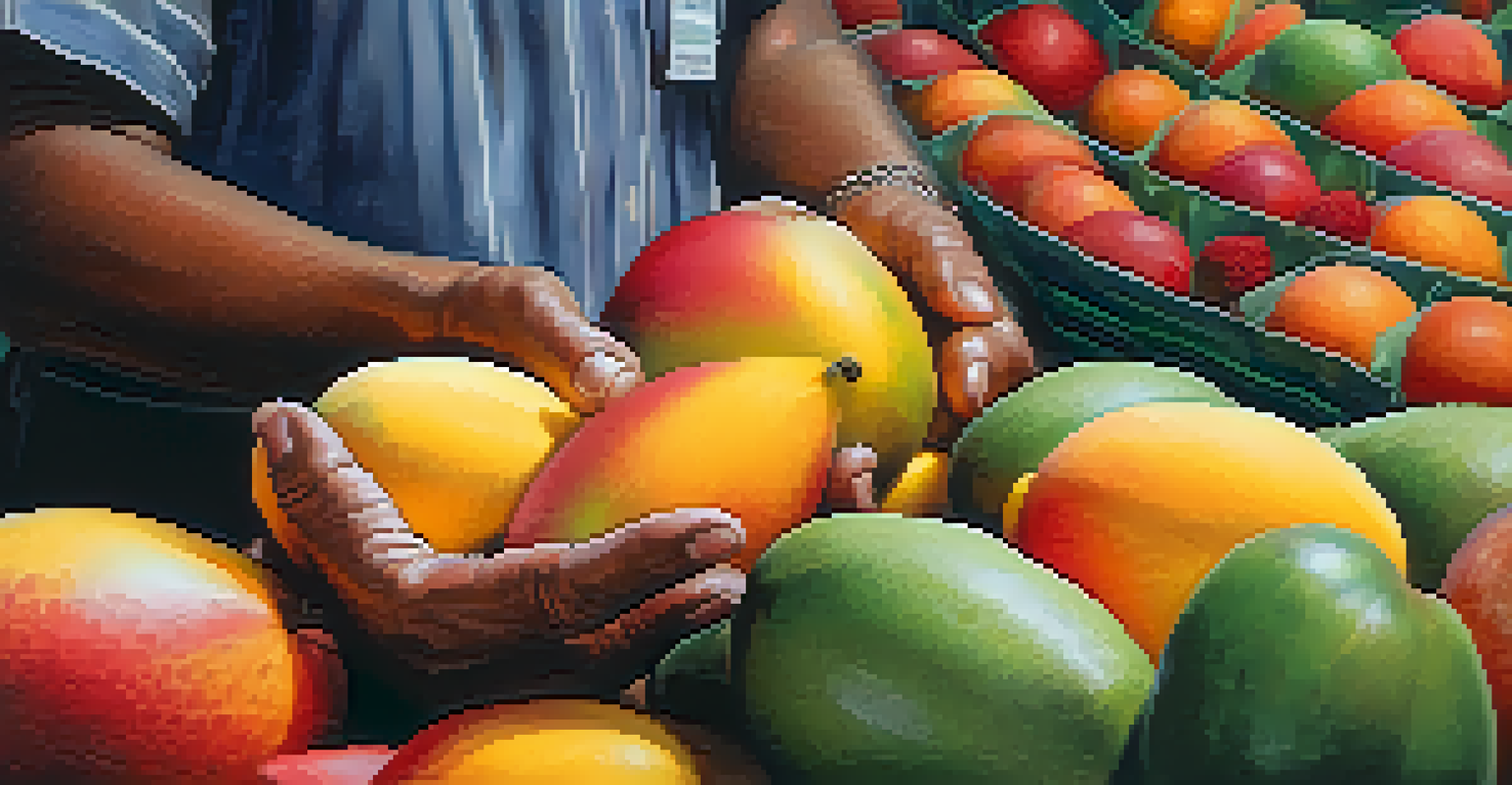 A farmer's hands holding fresh tropical fruits, emphasizing the quality and vibrancy of produce at a Brazilian agricultural fair.