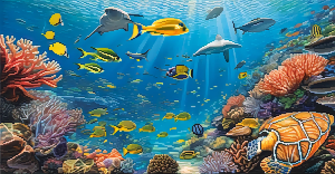 An underwater view of Brazil's coral reefs filled with colorful corals, schools of fish, and a sea turtle, illuminated by sunlight filtering through the water.