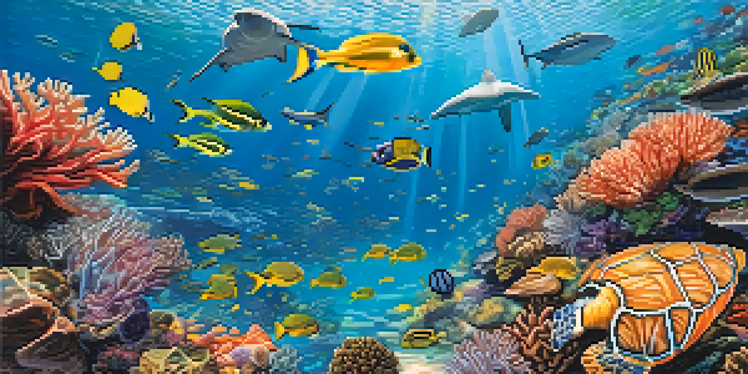 An underwater view of Brazil's coral reefs filled with colorful corals, schools of fish, and a sea turtle, illuminated by sunlight filtering through the water.