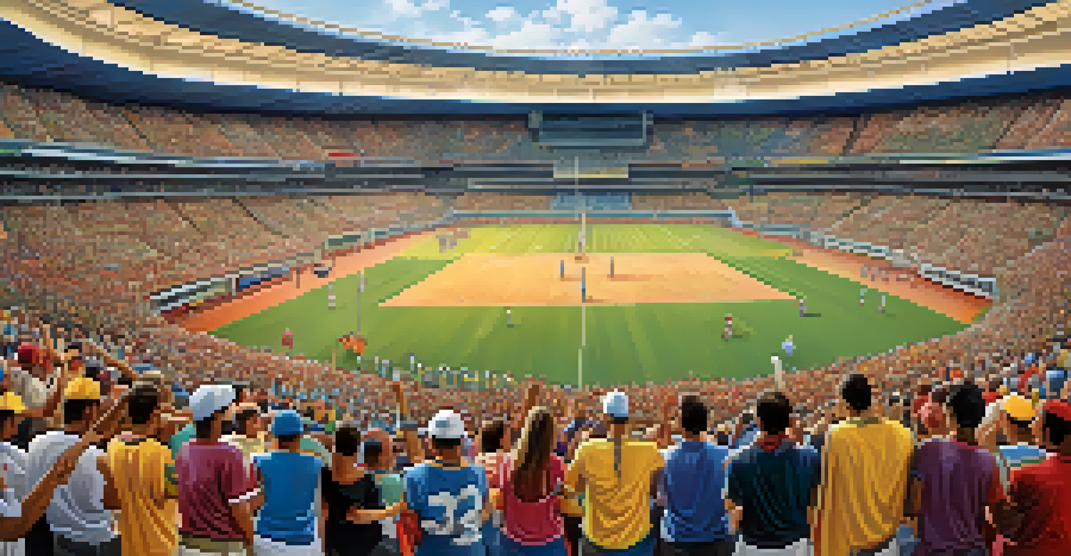 A panoramic view of a packed sports venue with fans participating in local sports traditions and celebrating together.