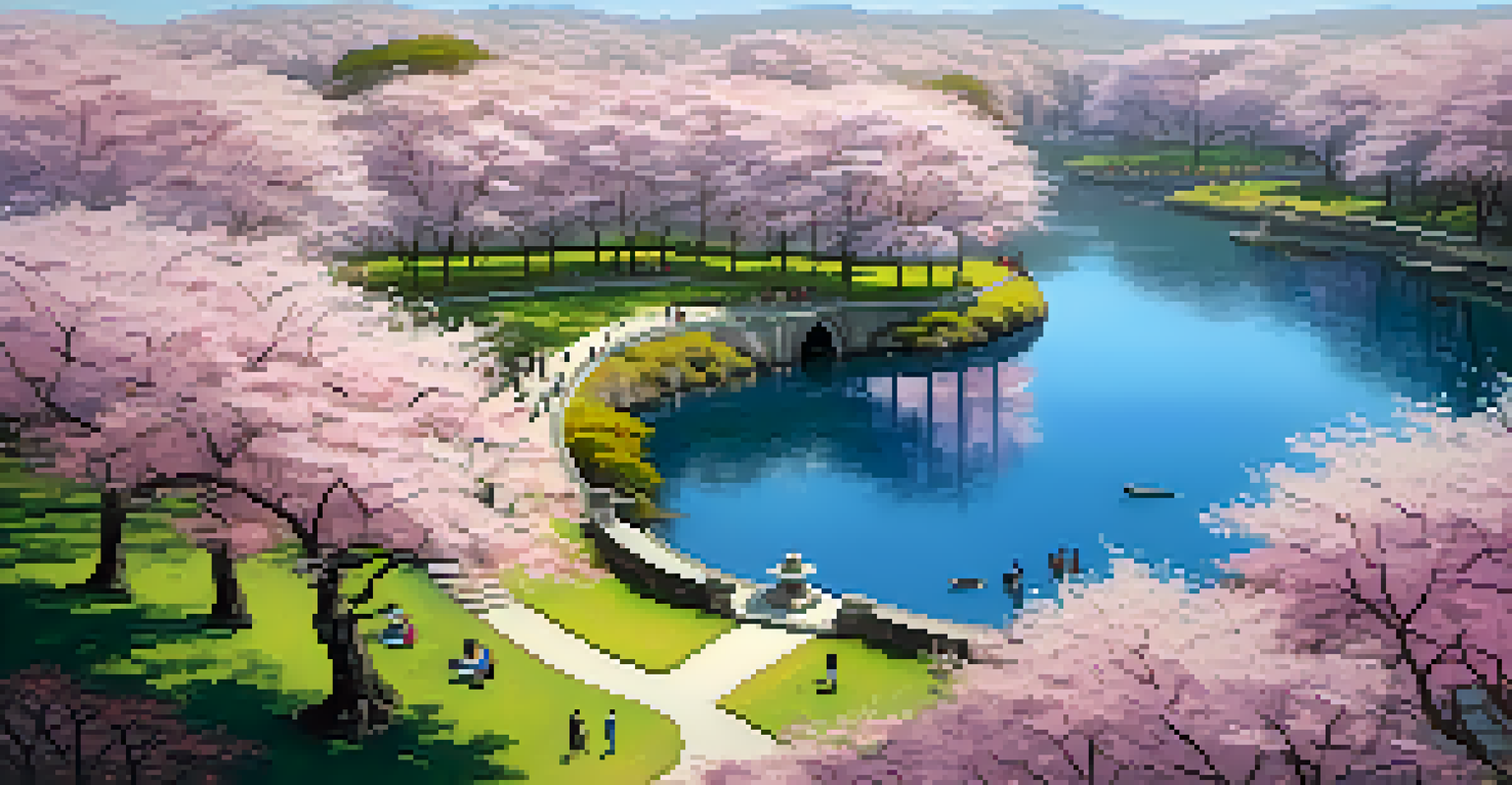 Aerial view of Parque do Carmo in cherry blossom season, with pink trees, visitors enjoying the park, and a lake reflecting the scenery.