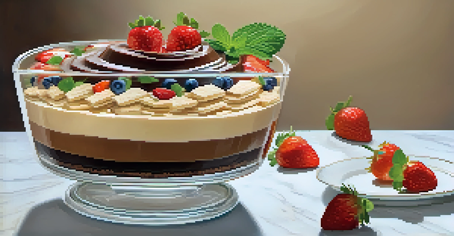 A layered pavê dessert with chocolate cream and biscuits in a glass dish, topped with fruit garnishes.