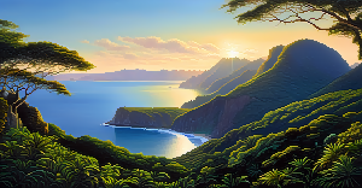 A coastal view of the Serra do Mar mountains with rainforest and cliffs leading to the blue ocean at sunset, showcasing vibrant colors and dramatic landscapes.