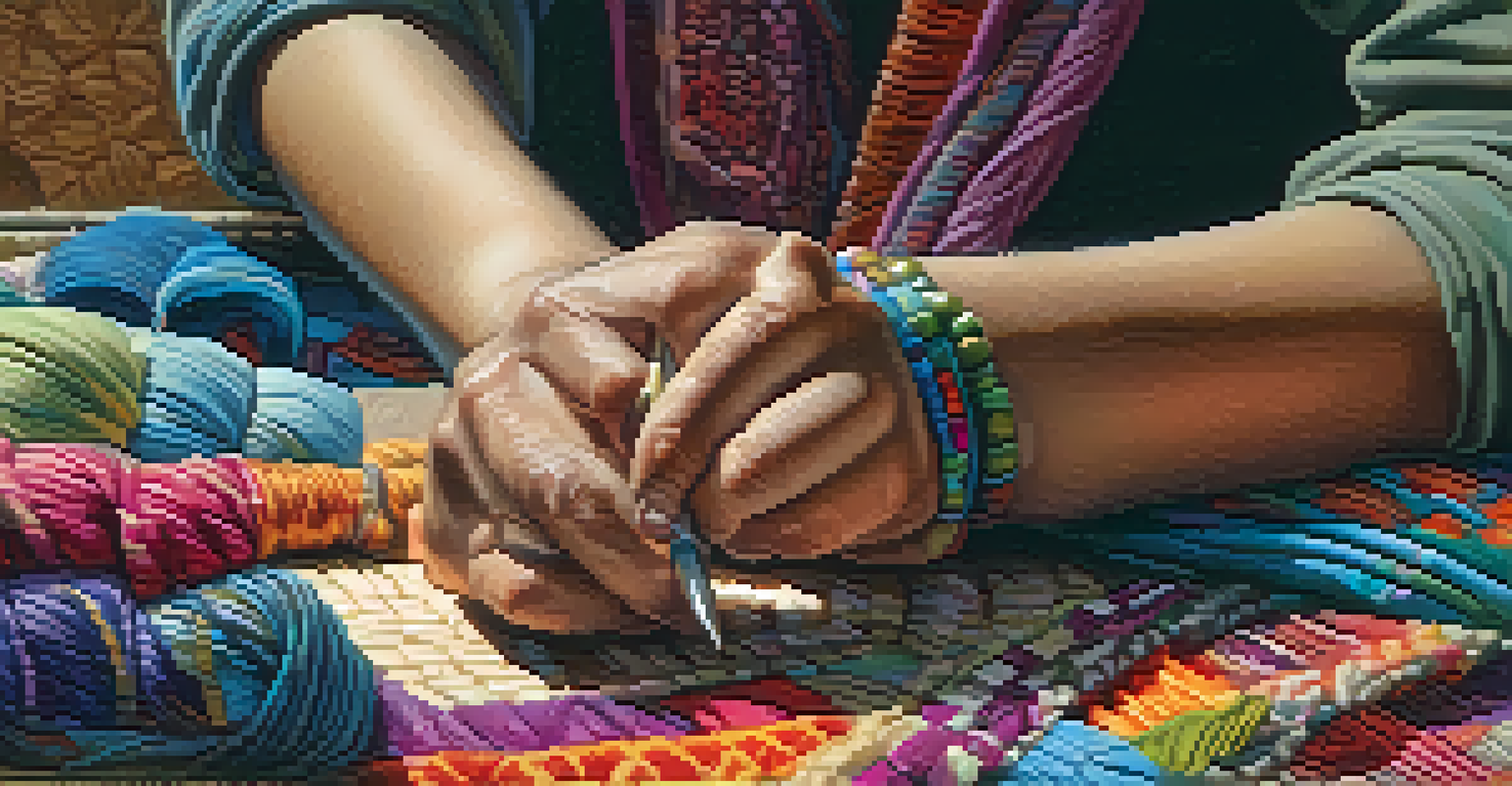 An artisan's hands working with recycled materials to create a unique craft, surrounded by vibrant fabrics and natural textures, illuminated by soft lighting.