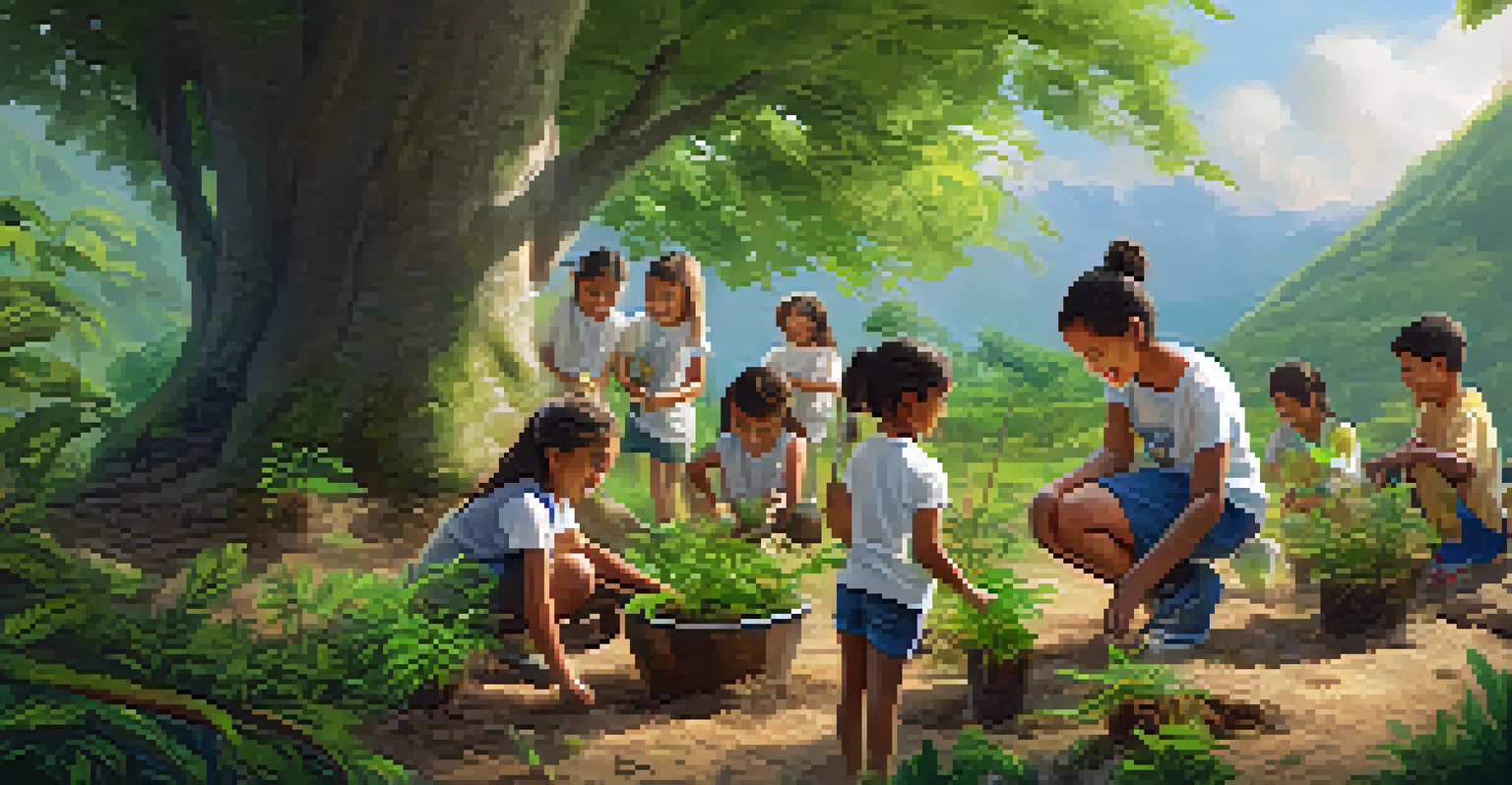 Children planting trees with local volunteers at an eco-lodge, surrounded by greenery and gardening tools.