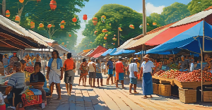A lively Brazilian market with colorful stalls selling Guaraná seeds and indigenous crafts, filled with people enjoying the vibrant atmosphere under a sunny sky.