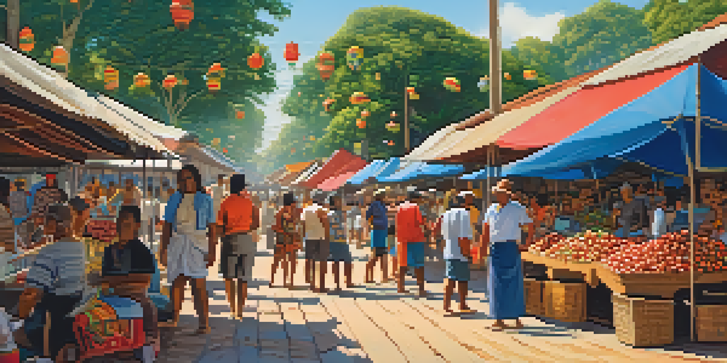 A lively Brazilian market with colorful stalls selling Guaraná seeds and indigenous crafts, filled with people enjoying the vibrant atmosphere under a sunny sky.