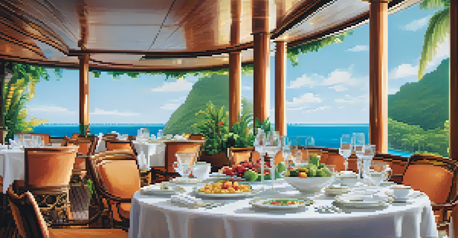 A luxurious dining table on a cruise ship deck, set with fine china and colorful Brazilian dishes, with the ocean in the background.