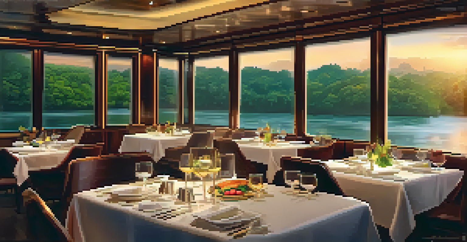 An elegant dining setup on a river cruise ship with gourmet Brazilian cuisine, overlooking the rainforest through large windows.
