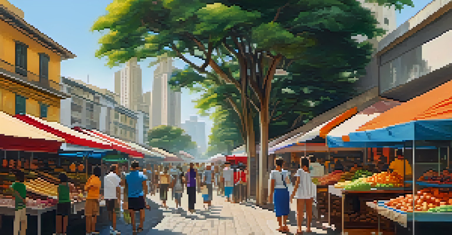 A busy street market in São Paulo with colorful stalls, fresh fruits, and people interacting, set against modern buildings.