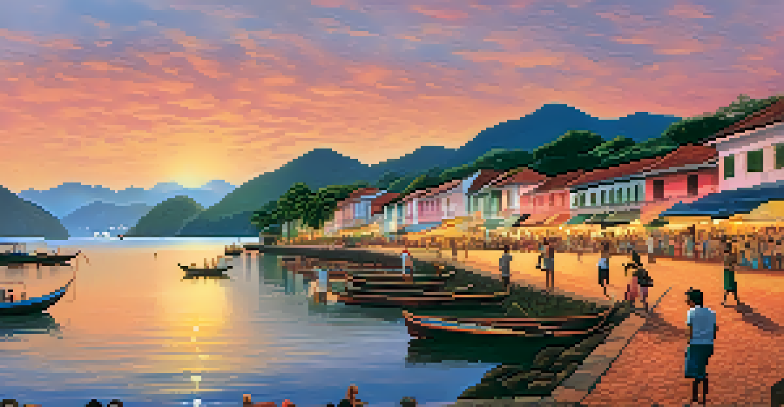 A beautiful sunset view of Paraty's waterfront with people reading and enjoying the scenery, showcasing vibrant colors in the sky.