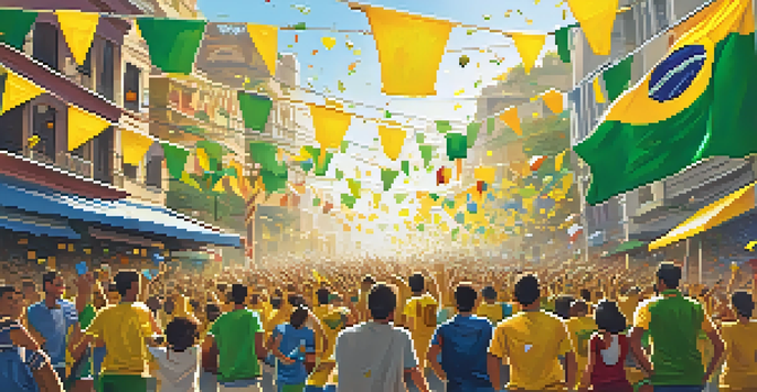 A lively street scene in Brazil during the World Cup, with fans in yellow and green jerseys celebrating, surrounded by banners and iconic landmarks.