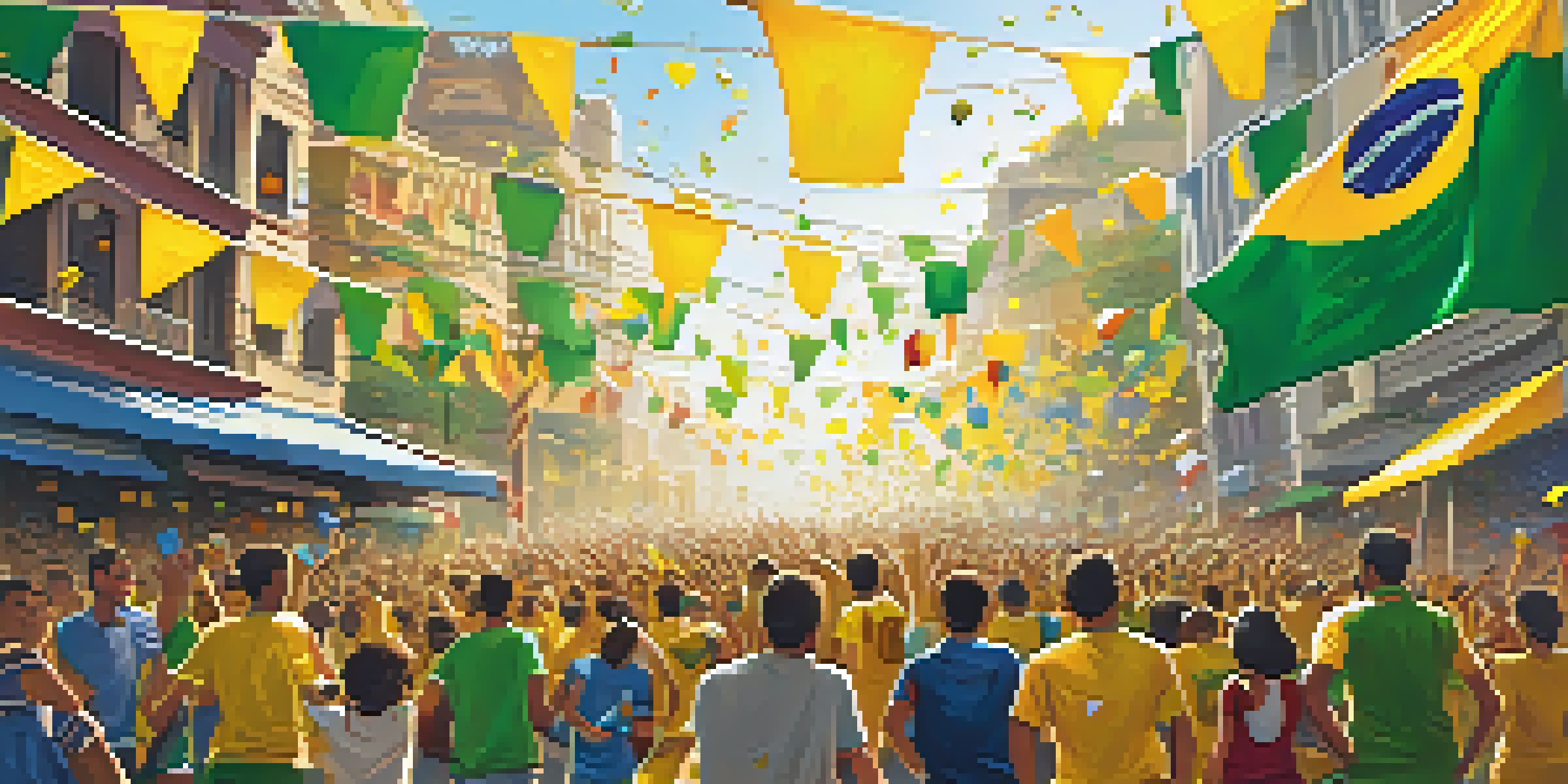 A lively street scene in Brazil during the World Cup, with fans in yellow and green jerseys celebrating, surrounded by banners and iconic landmarks.