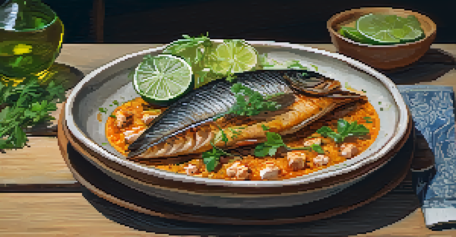 A gourmet plate of grilled tambaqui fish served with farofa and herbs, presented on a rustic wooden table.