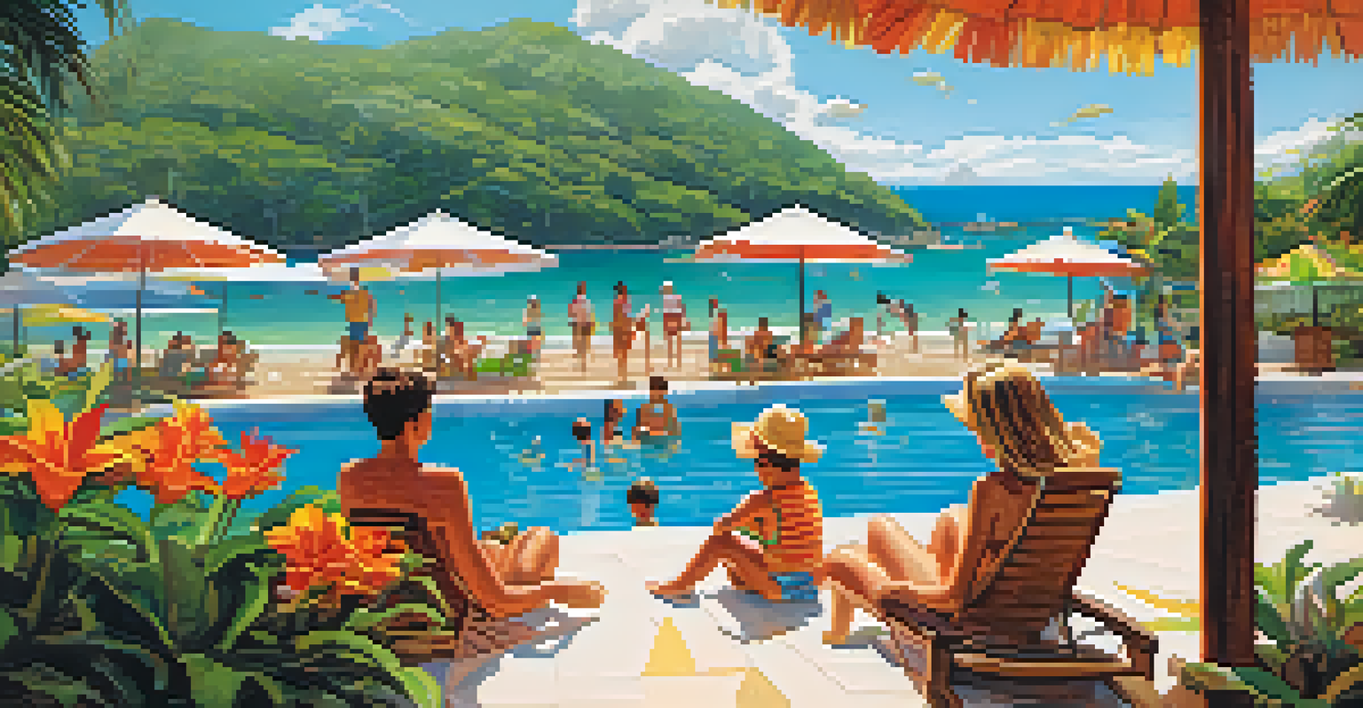 A family-friendly hotel pool area in Brazil, with children playing in the water and parents relaxing under umbrellas.